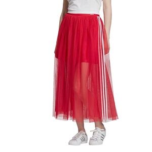 Adidas Red Tulle Maxi Skirt with Signature Side Stripes sz M